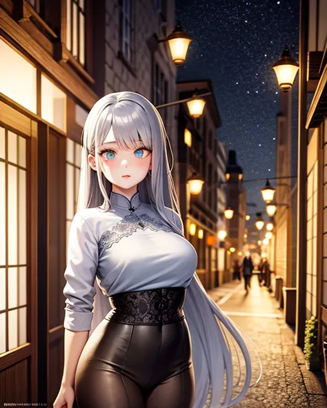 Muted but vibrant colors overall, Manga style, Medieval fantasy style, Night town, Silver-haired girl (Ethnicity: 1.2), (Age: 1.1), (Detailed clothing description: 1.2), (Accessories: 1.1), (Facial features: 1.3), (Expression: 1.2), (Body type: 1.1), (Pose...