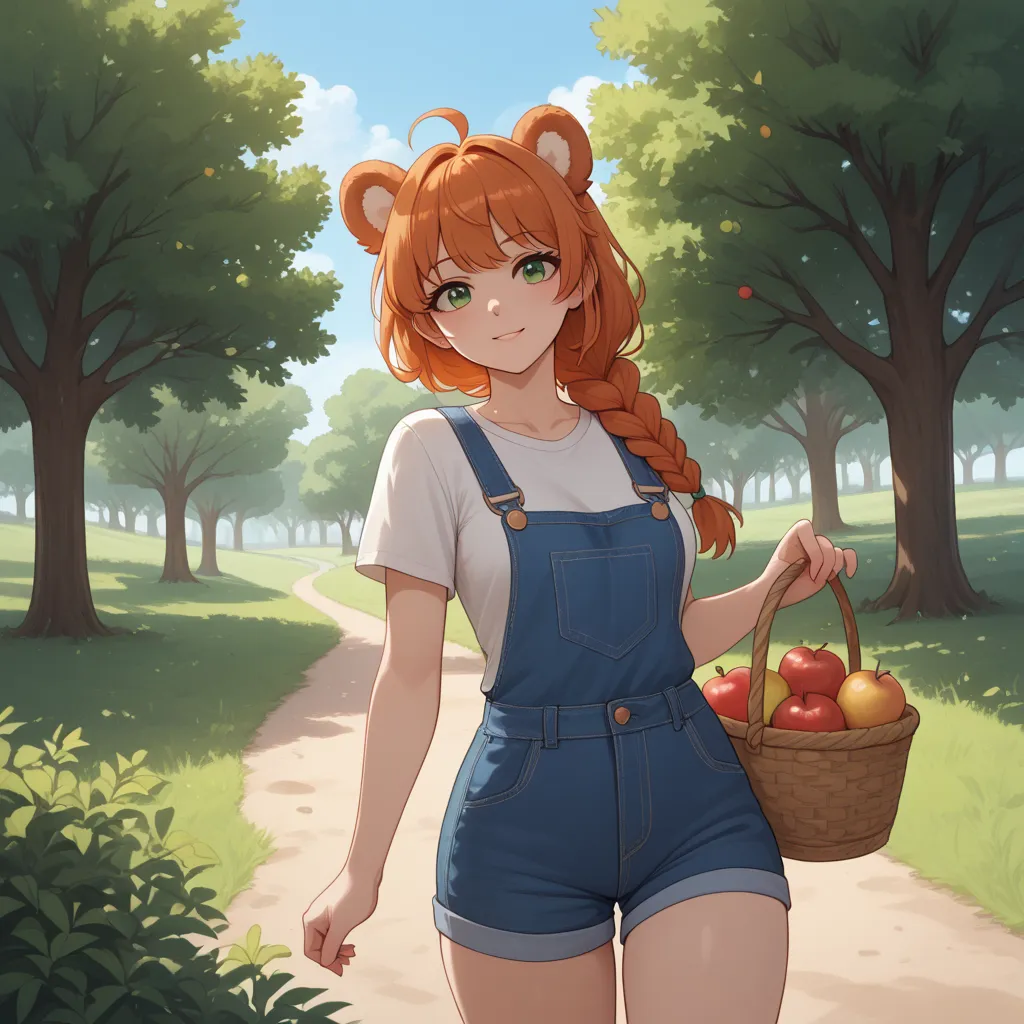 (Masterpiece) (High Detail) (High Res) A short curvy slim Humanoid red_panda Female with tanned human skin and bright green eyes and long braided orange hair and fluffy orange red_panda ears and a long fluffy red_panda tail and medium breasts. She is carry...