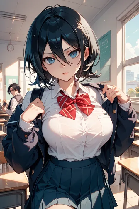 Big breasted Kuchiki Rukia wearing a school uniform