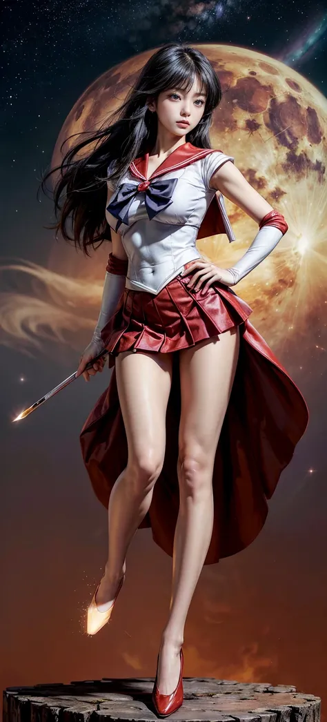  masterpiece,high resolution, young and beautiful Japanese woman,1 person, Cowboy shot,Taimo emphasis,universe,Shining Star,Mars,Inflammation, Popular Long Hair ,Sailor Moon Moonlight Legends, Sailor Mars,See the scenery from a high place, beautiful face,c...