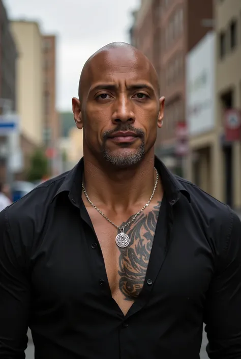 ((Mature man, bald man: 1.5, dark skin)), (((black dress shirt, brown eyes, confident look, tribal tattoo on chest))), ((best image quality, best sharpness, best contrast, best shading, best color choice, blurred scenery)).