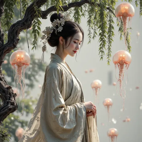 Shukezoma, Negative Space , , Jellyfish Sim , Of a woman standing , Willow Branch, ( masterpiece, TOP QUALITY:1.2), Traditional Chinese Ink Painting , model shoot style , Peaceful, (smile), viewers, wearing long Hanfu, Hanfu, Song, Portrait of a woman stan...