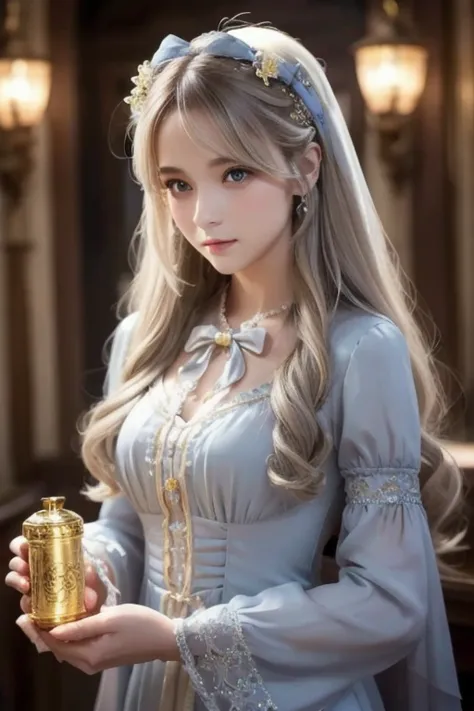  One Girl ,  long hair, Light Hair Color,  enchanting eyes,  Mysterious Expressions , Mature Appearance, Attractive dress,  Relaxed Dress, Graceful Jewels , Intricate decoration, Magic symbols, Glowing Accessories,  potion , Scroll, Cute accent, bow, ribbo...