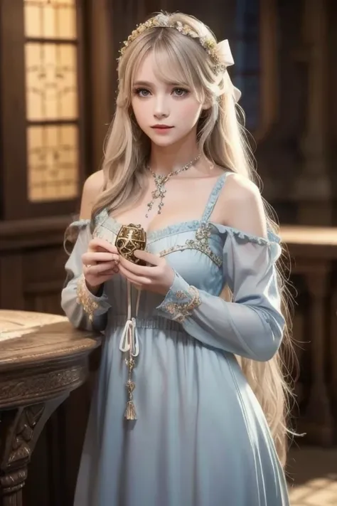  One Girl ,  long hair, Light Hair Color,  enchanting eyes,  Mysterious Expressions , Mature Appearance, Attractive dress,  Relaxed Dress, Graceful Jewels , Intricate decoration, Magic symbols, Glowing Accessories,  potion , Scroll, Cute accent, bow, ribbo...