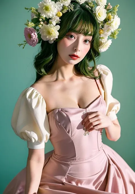 8k,   masterpiece, Top Quality, Vintage Pinup Style, woman in a mint green bodysuit that looks like a porcelain doll, puff sleeve,   black bob hair,  white flower hair ornament , pale skin, Like a porcelain doll劇的なメイク, Green background, Beauty like a threa...