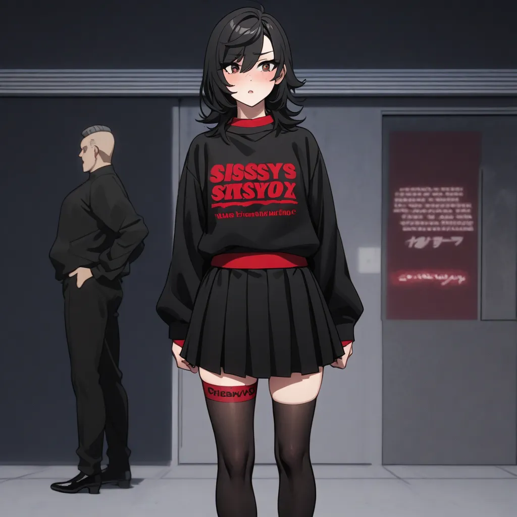 a femboy, men's haircut black hair, red underwear set, black sweatshirt with the words "sissyboy",  black stockings, black skirt then knee length, red high heels