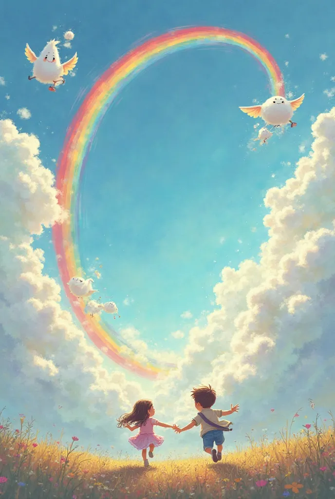 A boy and a girl chasing a rainbow that disappears in the clouds and they find creatures made by the clouds 