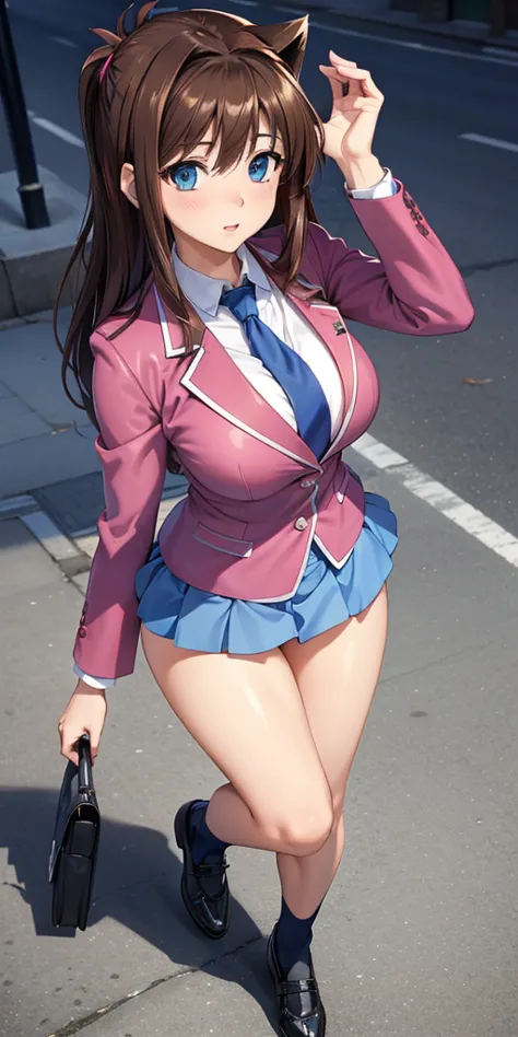      1 female,    high definition,    dementia ,          ultra-realistic          ,8K, aamazaki, ( capillary antenna    :1.2),  blue tie,blue eyes, (     pink jacket), blazer,     Long Sleeve Leather   , blue skirt,      Skinny skirt     ,      miniskirt,...