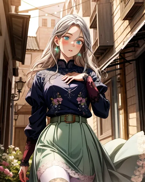 Muted but vibrant colors overall, Manga style, Medieval fantasy style, Night town, Silver-haired girl (Ethnicity: 1.2), (Age: 1.1), (Detailed clothing description: 1.2), (Accessories: 1.1), (Facial features: 1.3), (Expression: 1.2), (Body type: 1.1), (Pose...