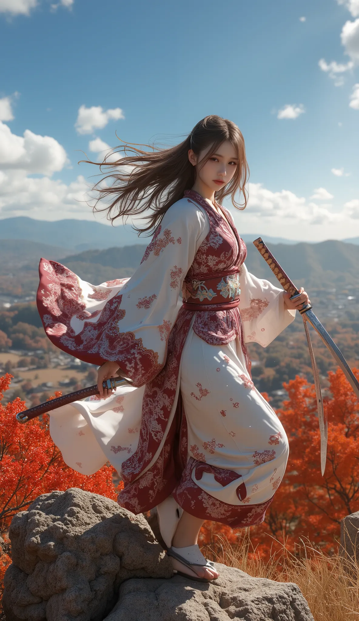  background Kyoto, Japan with fall foliage , High in the sky ,  clear sky,Amazing, ( kimono、Furusou decoration)、holding a Japanese sword、pose swinging it with incredible power , 綺麗な kimonoを着ている, Swinging the Sword、beautiful hair fluttering in the wind、