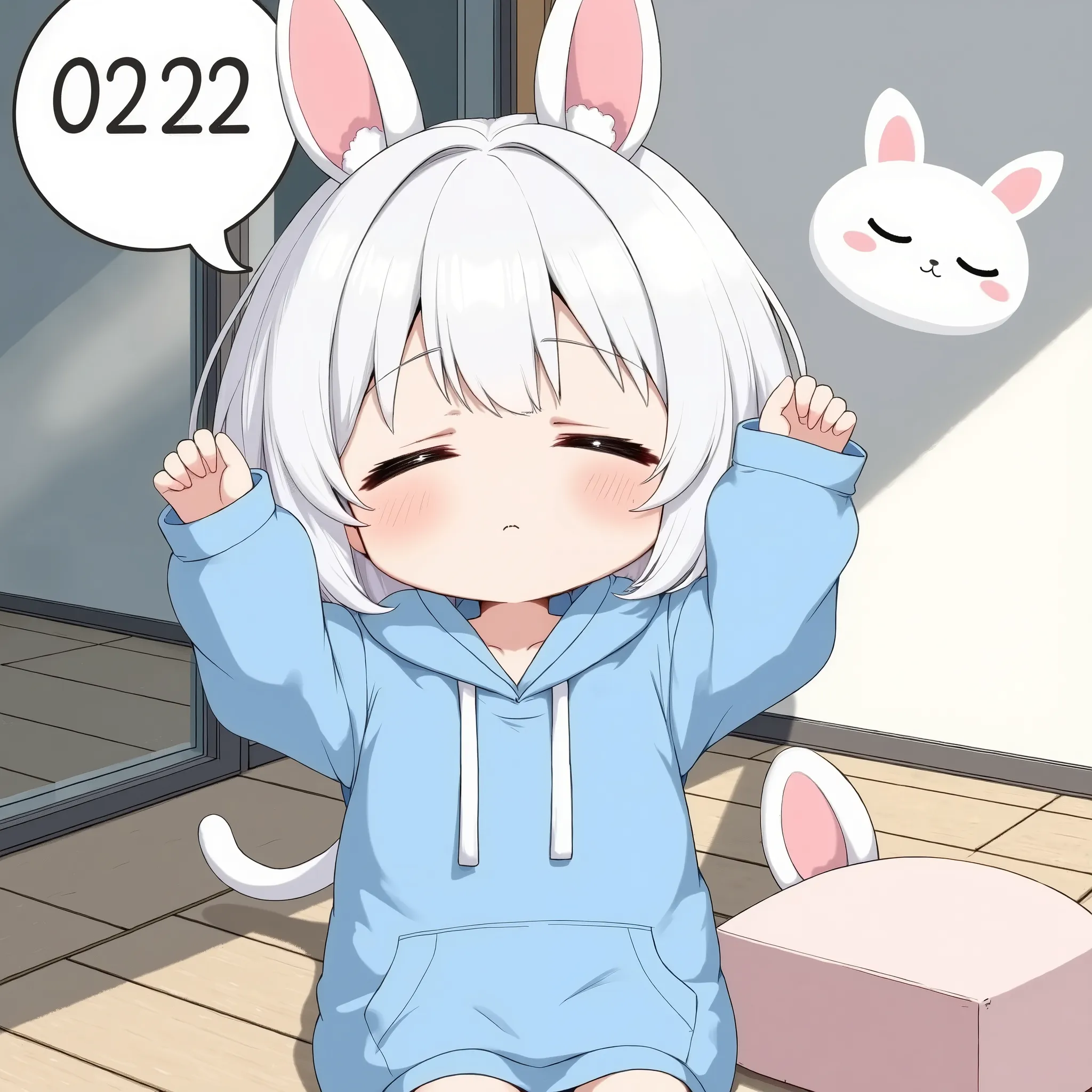 A sleepy little character wearing a knee-length blue wide-fit hoodie. She is standing with a cat ears headband on her head. She is holding her hands above her head and doing a cat pose.
Above her is a speech bubble with "0222" written on it and a cute cat ...