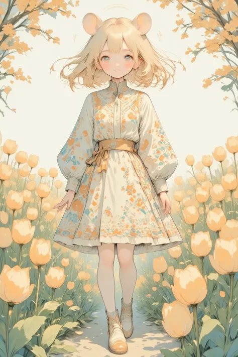 (In a sun-dappled field of vibrant tulips, the adorable Hamuko-chan comes alive—her hamster ears perked up, mimicking the petals around her. Her dress is a masterpiece of Nordic artisan craft, filled with ornate swirls and symmetrical patterns that echo th...