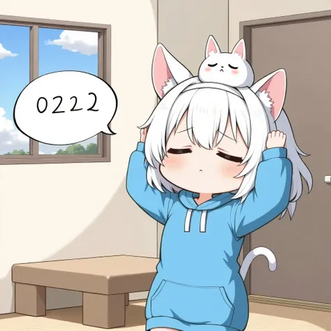 A sleepy little character wearing a knee-length blue wide-fit hoodie. She is standing with a cat ears headband on her head. She is holding her hands above her head and doing a cat pose.
Above her is a speech bubble with "0222" written on it and a cute cat ...