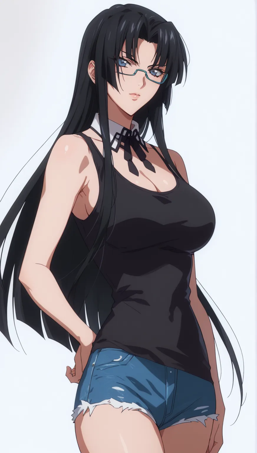 Tsubaki Shinra, hourglass Figure, looking at viewer, vtsubaki ery long hair,  black hair, blue glasses, confident expression, black tank top, tight fit, denim shorts, casual outfit, curvy figure, hand on hip, holding strand of hair, seductive pose, white l...