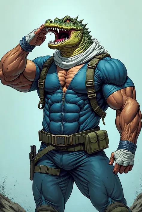 (A rugged beefy extremely muscular bulky snarling crocodile man), (wearing blue fully-zipped short-sleeved wetsuit with short swimming speedo that show his muscular thighs), saluting, wearing bulky harness, wearing bulky scuba gear, wearing white hero scar...