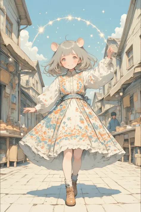 (Within the cobblestoned heart of a quaint Nordic village, alive with the scent of fresh bread and stories of yore, dances the charming Hamuko-chan. Her hamster ears perked with delight, she radiates a boundless energy. Her attire, a delicate treasure ches...