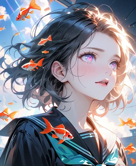 (female\(student, age of 15, JK, short hair, silver hair, floating hair, cosmic colored eyes, black color sailor uniform\(of high school\), pale skin, tired face, no shine in the eyes\) is looking up at the sky), (so many goldfish are swimming in the air),...