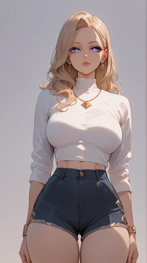 Manon style, perfect eyes, perfectly sexy face, ultra detailed, ultra perfect eyes , big beautiful woman , standing, dark blue shorts, Body, Looking at the viewer,