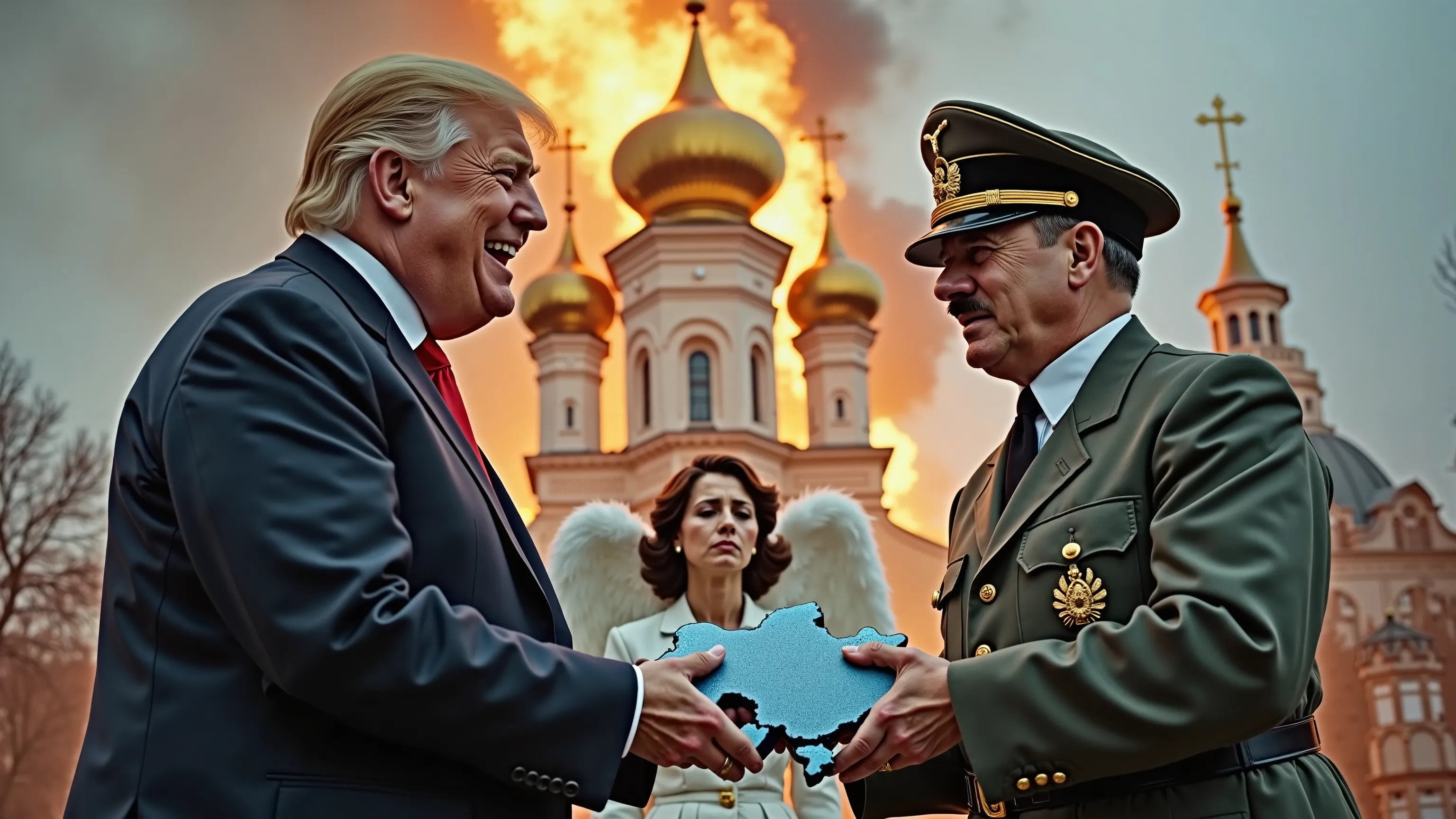 A scene set in front of typical cathedral of Ukraine golden roof on fire. Donald Trump, dressed in a dark suit, smiling and handing over a metallic blue object shaped like the map of Ukraine to Adolf Hitler, wearing his iconic military uniform and cap. Beh...