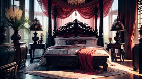 Best quality, masterpiece, ultra high res, raw photo, beautiful and aesthetic,deep shadow, fantasy theme,(ultra detailed:1.3), divine, royal bedroom, indoors, luxurious, canopy bed, full of curtains, pillows, jewelry, candlelight, queen chamber, pink room