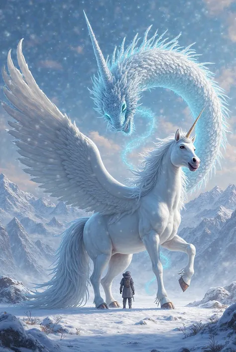 A unicorn with wings and an ice dragon with a person