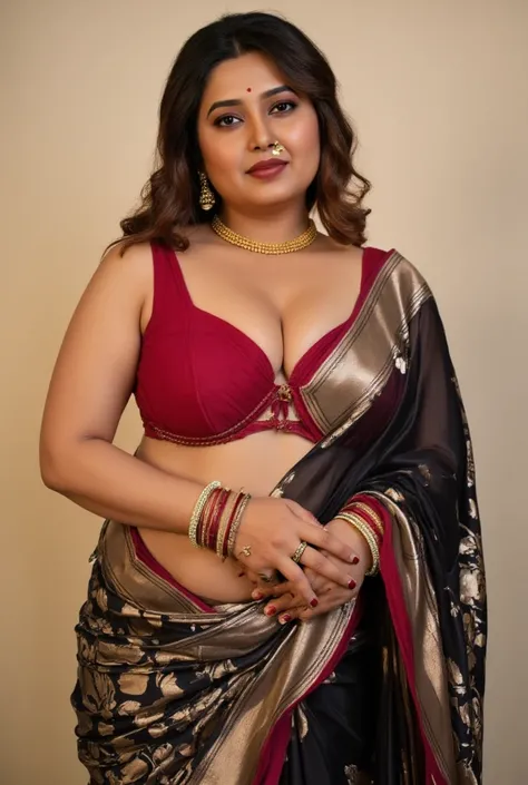 Fit, light black transparent saree, Tight on breast red glossy strapless blouse,VEIL, Big lips, full body picture, Deep navel, Curvy belly, Moaning facial expressions,Mouth slightly open and expression like moaning,Bindi on forehead, wet Desi woman showing...