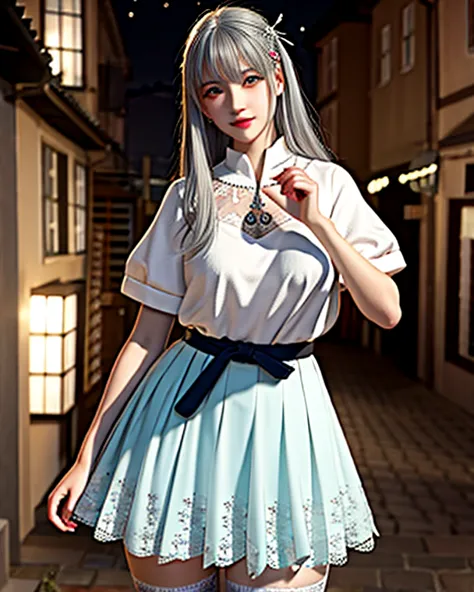 Muted but vibrant colors overall, Manga style, Medieval fantasy style, Night town, Silver-haired girl (Ethnicity: 1.2), (Age: 1.1), (Detailed clothing description: 1.2), (Accessories: 1.1), (Facial features: 1.3), (Expression: 1.2), (Body type: 1.1), (Pose...