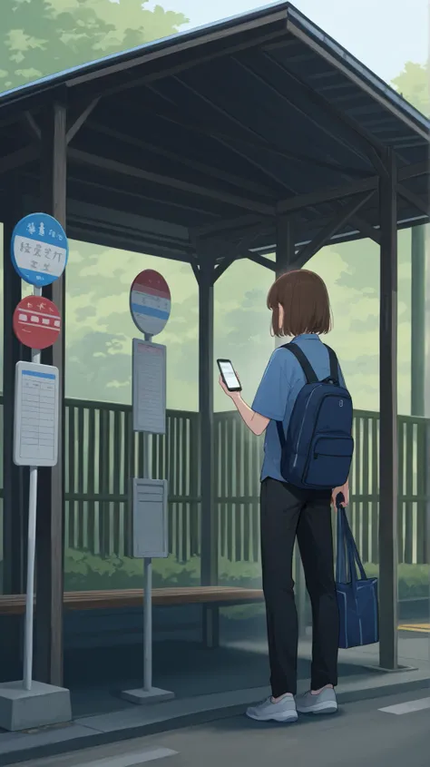 A girl in a blue shirt and black trousers, stay near the bus stop, holding a cell phone, and carries a bag on his back, with afternoon conditions. 