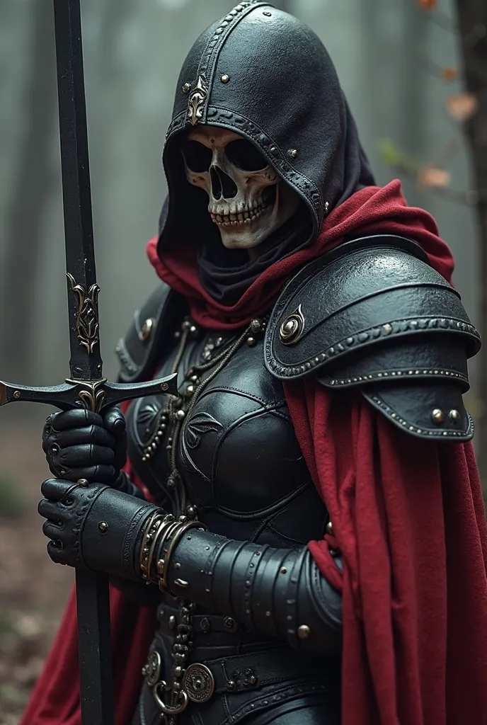 Close up shot of a person in a dark costume with a sword , ,  Dark Fantasy Style  art,  Berserk Skull Knight Black Armor,  Dark Fantasy Art work,  Dark Fantasy Art ,  very beautiful berserker woman, Warrior of Darkness, in style of  Dark Fantasy Art , dark...