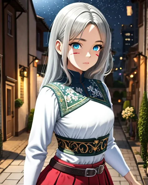 Muted but vibrant colors overall, Manga style, Medieval fantasy style, Night town, Silver-haired girl (Ethnicity: 1.2), (Age: 1.1), (Detailed clothing description: 1.2), (Accessories: 1.1), (Facial features: 1.3), (Expression: 1.2), (Body type: 1.1), (Pose...