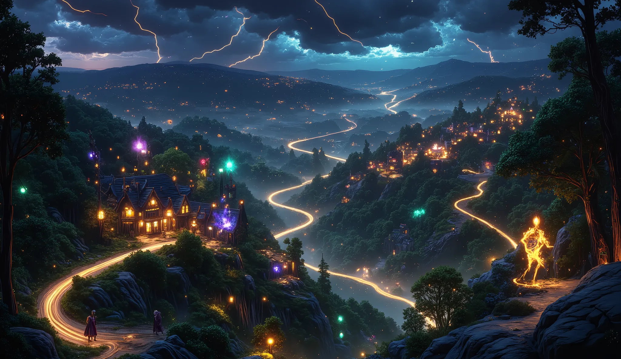 A whimsical landscape unfolds as a magnificent valley stretches towards the horizon, where fantastical creatures roam free. A quaint fantasy village nestles at the valley's heart, its colorful buildings and winding paths aglow with magical lights that danc...