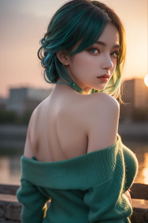  best quality , Masterpiece,  super high resolution, ( realism: 1.4),   Original Pictures ,  1 girl,  green eyes,  off shoulder,  Cinematic Lighting,   blue hair , At sunset