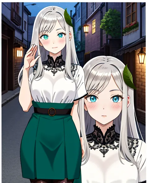 Muted but vibrant colors overall, Manga style, Medieval fantasy style, Night town, Silver-haired girl (Ethnicity: 1.2), (Age: 1.1), (Detailed clothing description: 1.2), (Accessories: 1.1), (Facial features: 1.3), (Expression: 1.2), (Body type: 1.1), (Pose...