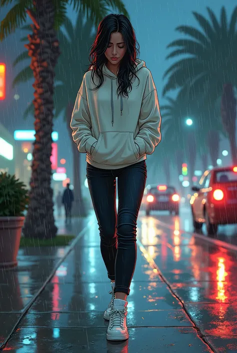 , A sad beautiful Mexican American woman wearing a white hoodie, black jeans, white Air Force 1s, with white socks, walking through the city of San Diego at night in the rain, on the sidewalk with cars passing by, she’s feeling sad and alone with her head ...