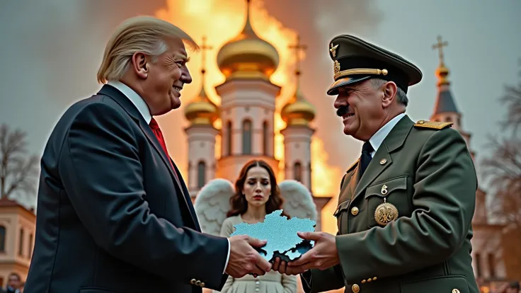 A scene set in front of typical cathedral of Ukraine golden roof on fire. Donald Trump, dressed in a dark suit, smiling and handing over a metallic blue object shaped like the map of Ukraine to Adolf Hitler, wearing his iconic military uniform and cap. Beh...