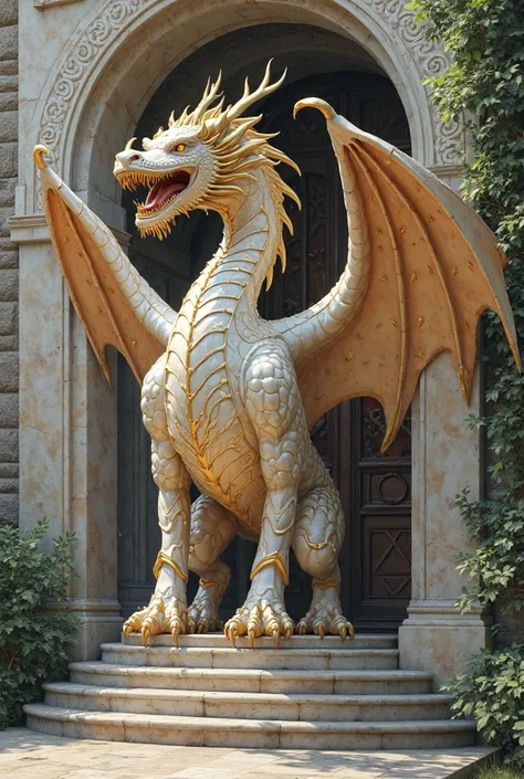 Ilustration realistic, of a dragon statue statue with wings in marble and gold, next to the entrance of a dorm room in an antique university