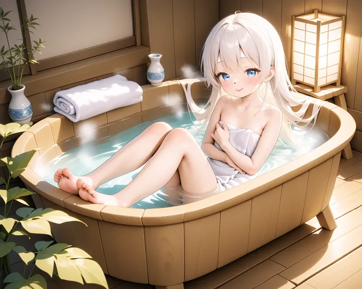 Loli, cute, adorable, cute and nostalgic scene, dreamy, 8K, best quality, anime scene type, relaxing and soothing bath scene, POV of someone gently helping Yuki wash her hair while she sits in a traditional Japanese ofuro (wooden bath), small bucket beside...