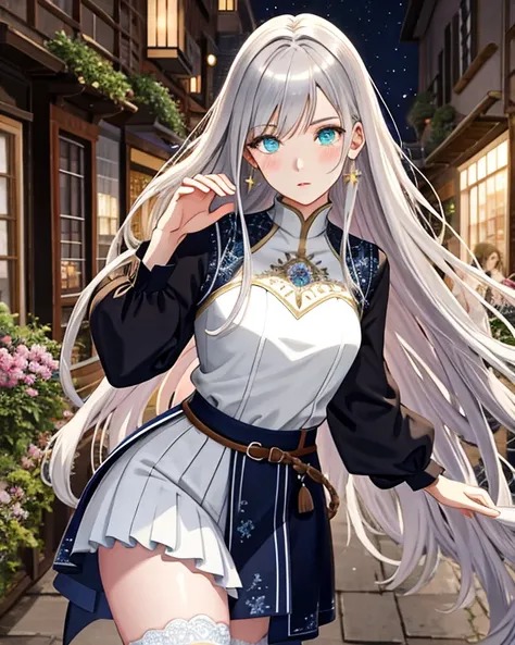 Muted but vibrant colors overall, Manga style, Medieval fantasy style, Night town, Silver-haired girl (Ethnicity: 1.2), (Age: 1.1), (Detailed clothing description: 1.2), (Accessories: 1.1), (Facial features: 1.3), (Expression: 1.2), (Body type: 1.1), (Pose...