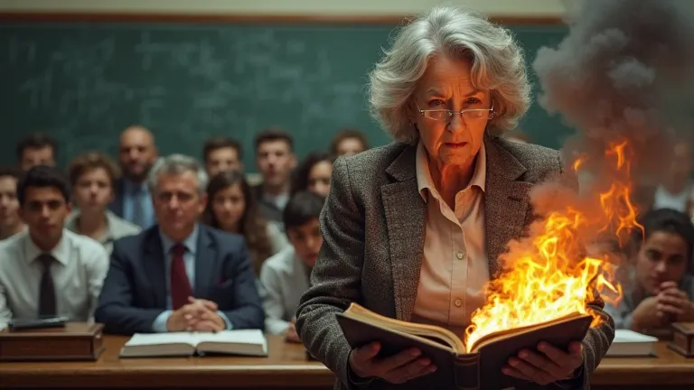 Make a picture of an old American female lecturer burning the Quran in front of a teaching class, The Quran gives off fire and smoke.