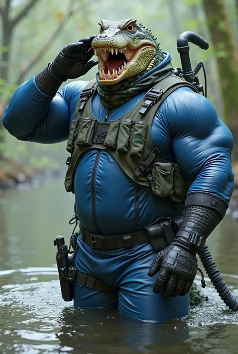 (A rugged beefy extremely muscular bulky snarling crocodile man), (wearing blue fully-zipped fullbody wetsuit), saluting, wearing bulky harness, wearing bulky scuba gear, wearing army camouflage hero scarf, muscular physique, toned muscles, fierce, heroic,...