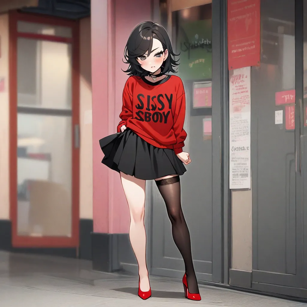 a femboy, men's haircut black hair,  red thong, black sweatshirt with the words "sissyboy",  black stockings, black skirt then knee length, red high heels