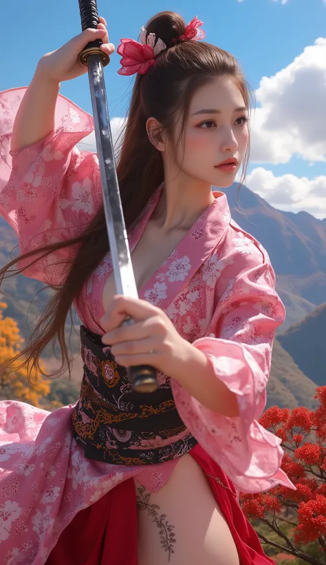 ( High quality deep background : 1.5 ) background Kyoto, Japan with fall foliage , High in the sky ,  clear sky,Amazing, (Beautiful pink kimono、Furusou decoration)、holding a Japanese sword、pose swinging it with incredible power ,  dancing , Swinging the Sw...