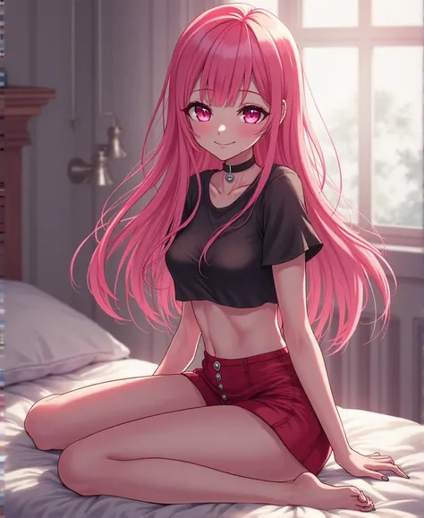 Anime girl pink hair long pink eyes with short skirt glued black transparent t-shirt with red bra skinny normal chest medium thighs ,With dog pose in bed 