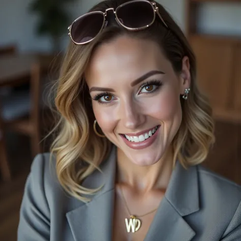 An elegant and smiling executive woman wearing a elegant blue suit, wearing a pendant with the letters 'WD', sitting, full body, Background: the reception of a modern law firm with the brand 'DANTECH', well highlighted in the acrylic panel environment