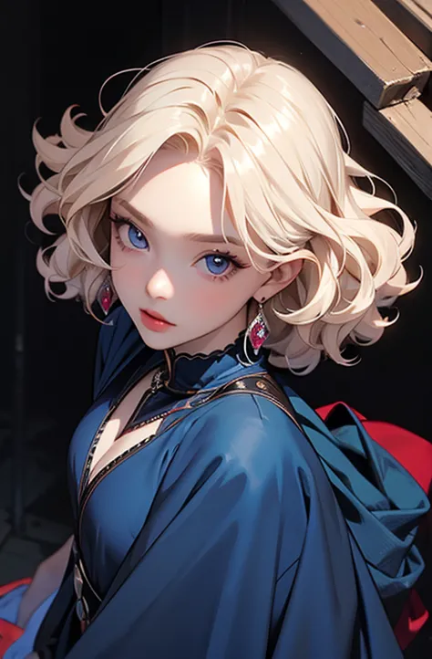 Greatest Masterpiece in Overhead Shots、platinum blonde curly hair and ruby eyes、Noble princess wearing a dark blue dress