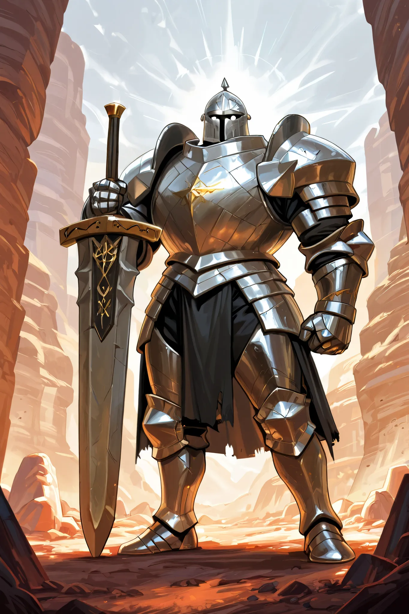 Smooth metal armor golem, knight, covered metal mask, bulky, thick, huge, tall cylindrical helmet, very large shoulder armor, giant great sword on back, intimidating, glowing white eyes, standing in deserted land, mountains, no symbols.