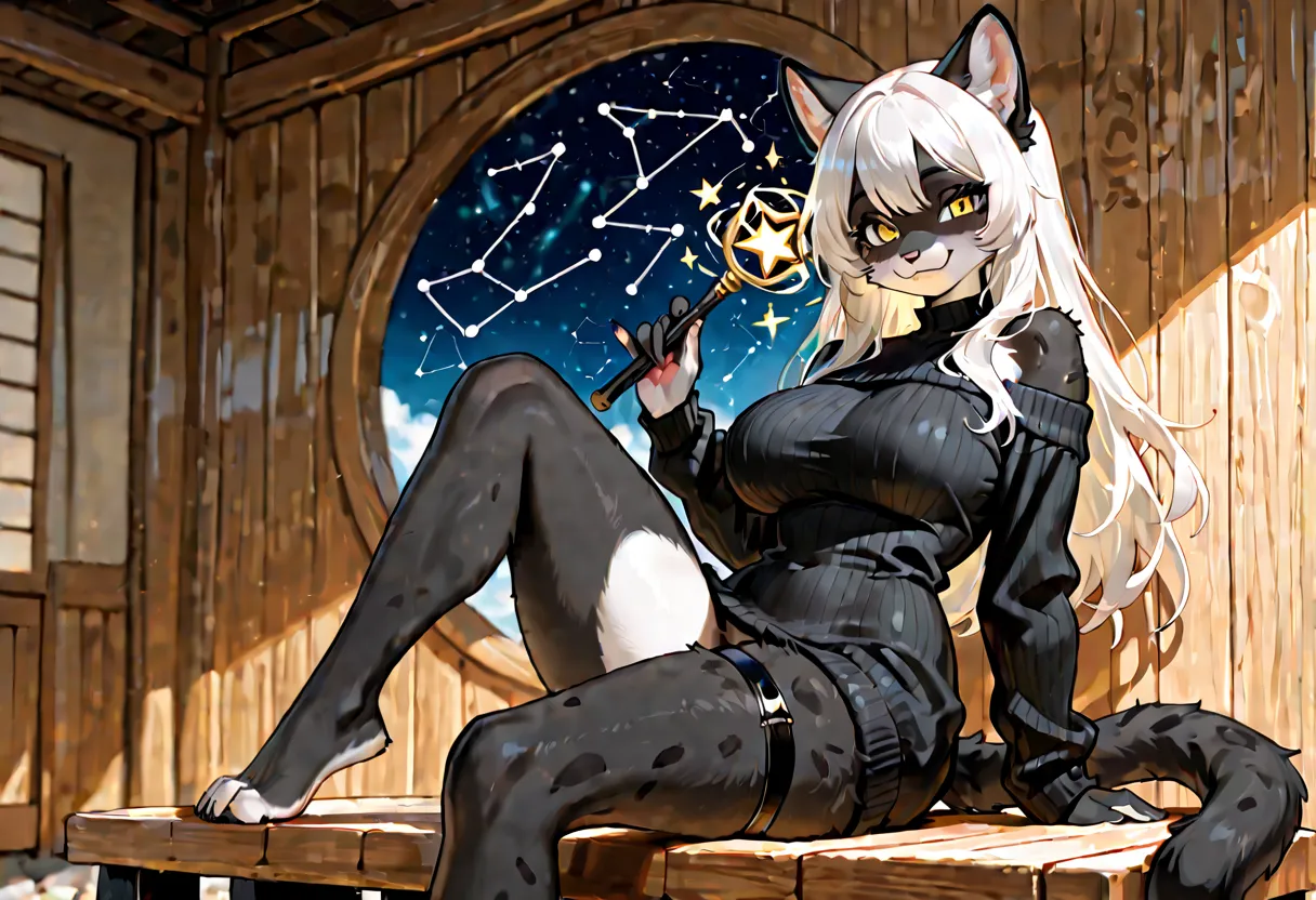 feline, anthro, female, beautiful, sexy, feline tail, eyelashes, black fur, yellow eyes, detailed eyes, long hair, beautiful hair, large breasts, looking at viewer, smile, standing, holding old wooden magic wand, wearing (stylish shoulder crop-off black sw...