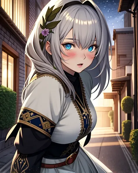 Muted but vibrant colors overall, Manga style, Medieval fantasy style, Night town, Silver-haired girl (Ethnicity: 1.2), (Age: 1.1), (Detailed clothing description: 1.2), (Accessories: 1.1), (Facial features: 1.3), (Expression: 1.2), (Body type: 1.1), (Pose...