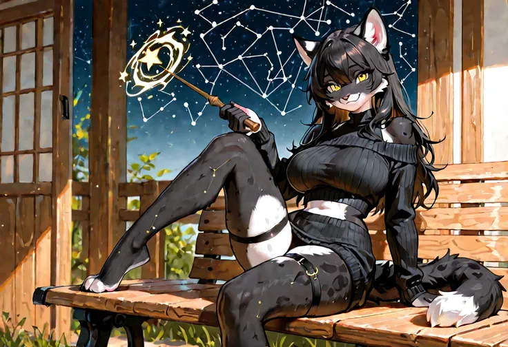 feline, anthro, female, beautiful, sexy, feline tail, eyelashes, black fur, yellow eyes, detailed eyes, long hair, beautiful hair, large breasts, looking at viewer, smile, standing, holding old wooden magic wand, wearing (stylish shoulder crop-off black sw...