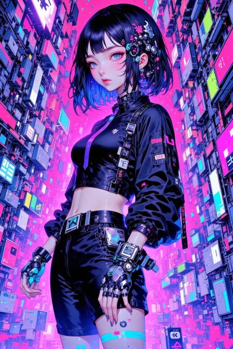 A futuristic hacker woman, Bob＋Mesh Color（Blue or purple)Incorporate hairpins well with an asymmetrical hairstyle,wear a futuristic jacket with fluorescent lines,cyber goggles and earphone type devices, headphones around the neck ,tight shorts that are eas...